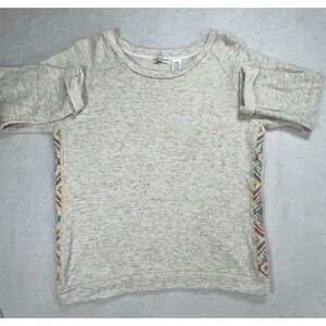 Hannah Boho Speckled Knit Top Large L Cream Short Sleeve Sweatshirt Tribal Trim